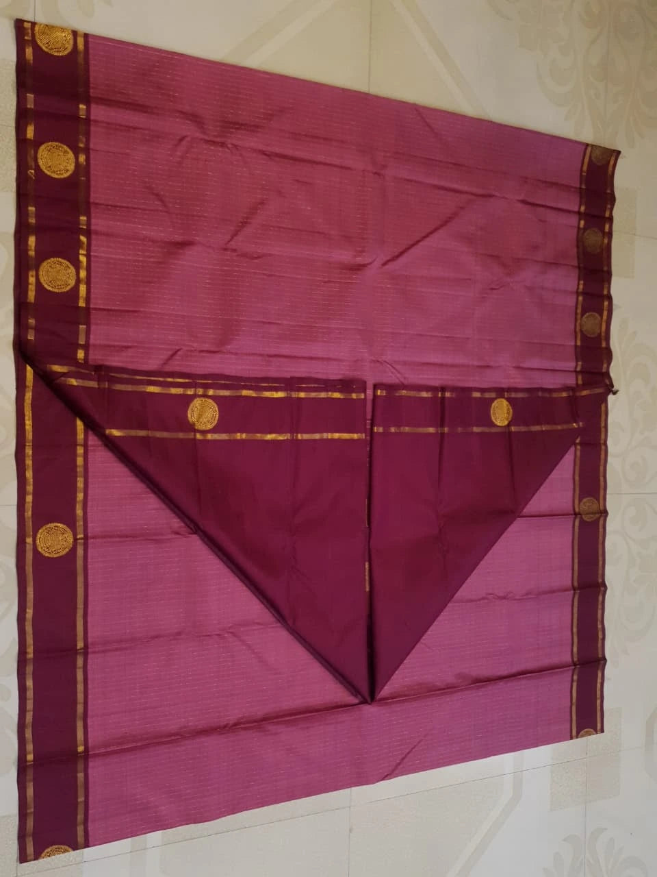 2G Pure Kanjivaram Silk Saree in Magenta Pink with Maroon Border & Gold Zari Peacock Buttas | Silkmark Certified