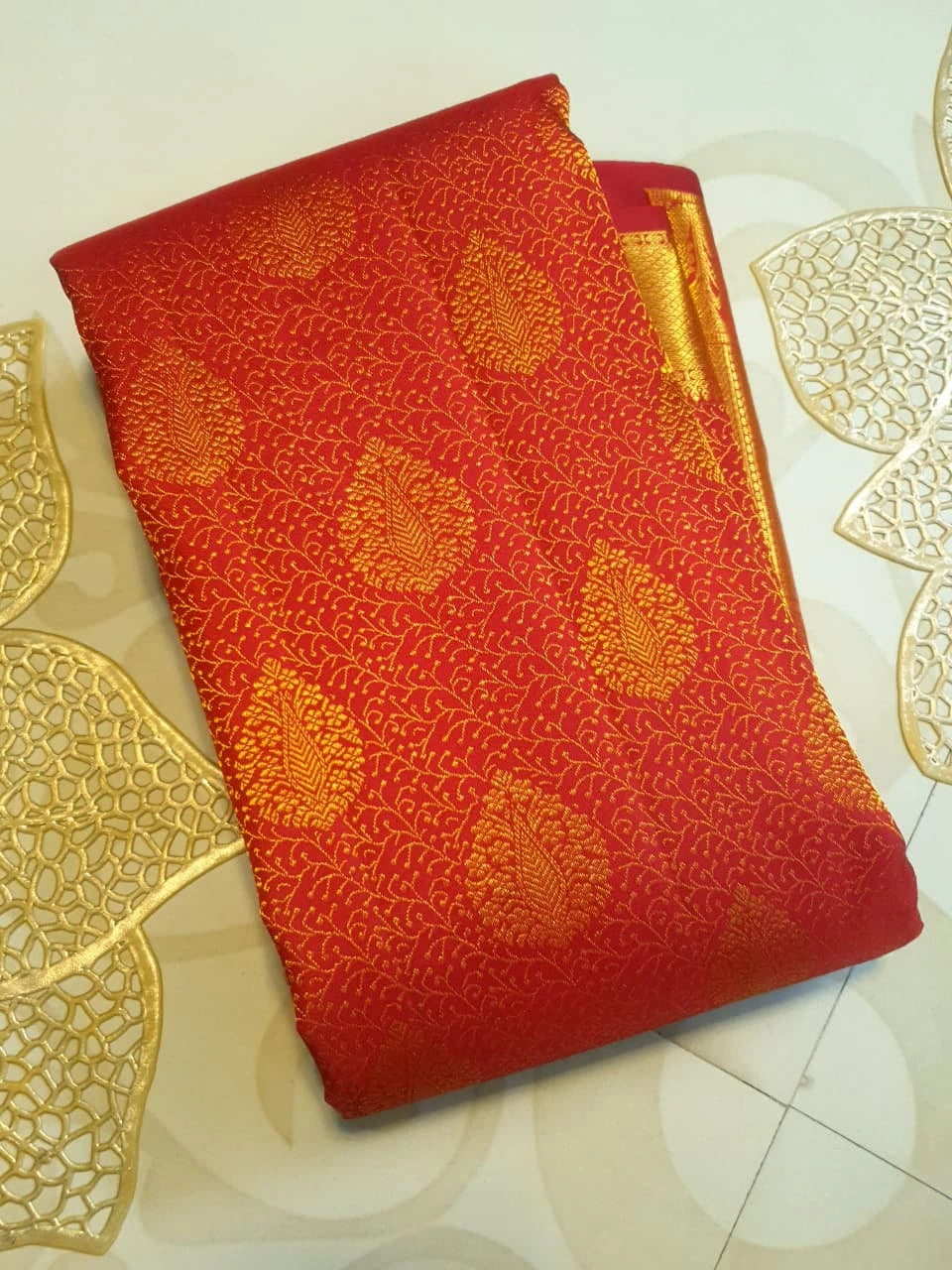 2G Kanjivaram Silk Saree in Vermilion Red with Rich Gold Zari Butta & Traditional Broad Border | Silkmark Certified