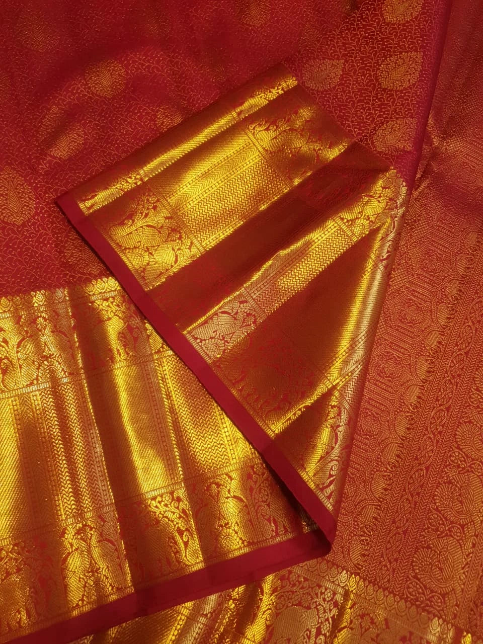 2G Kanjivaram Silk Saree in Vermilion Red with Rich Gold Zari Butta & Traditional Broad Border | Silkmark Certified