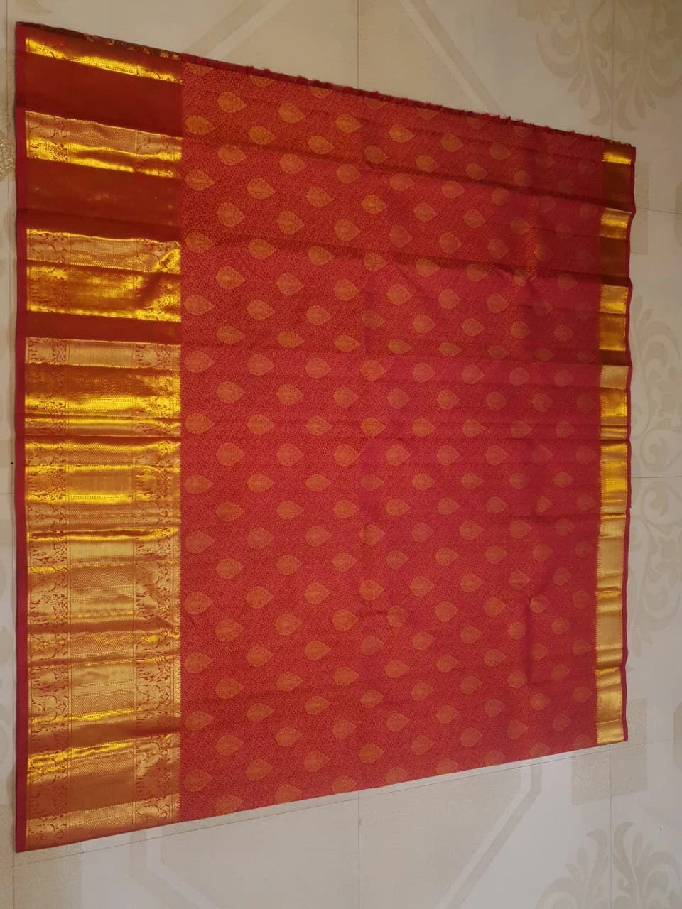 2G Kanjivaram Silk Saree in Vermilion Red with Rich Gold Zari Butta & Traditional Broad Border | Silkmark Certified
