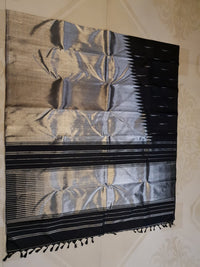 2G Black Pure Kanjivaram Silk Saree with Silver Zari Pallu and Geometric Zari Border | Silkmark Certified