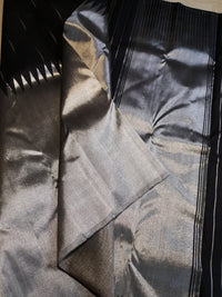 2G Black Pure Kanjivaram Silk Saree with Silver Zari Pallu and Geometric Zari Border | Silkmark Certified