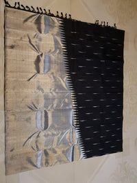 2G Black Pure Kanjivaram Silk Saree with Silver Zari Pallu and Geometric Zari Border | Silkmark Certified