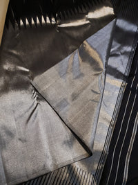 2G Black Pure Kanjivaram Silk Saree with Silver Zari Pallu and Geometric Zari Border | Silkmark Certified
