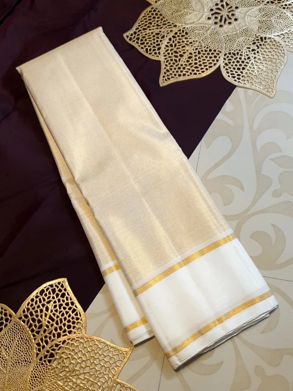 2G Pure Kanjivaram Silk Saree in Off White with Classic Gold Zari Border | Silkmark Certified