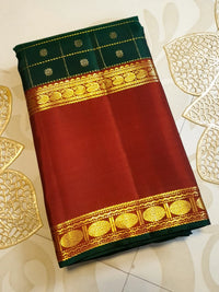 2G Pure Korvai  Kanjivaram Silk Saree in Deep Bottle Green with Maroon Contrast Border, Gold Zari Checks & Traditional Zari Motifs | Silkmark Certified