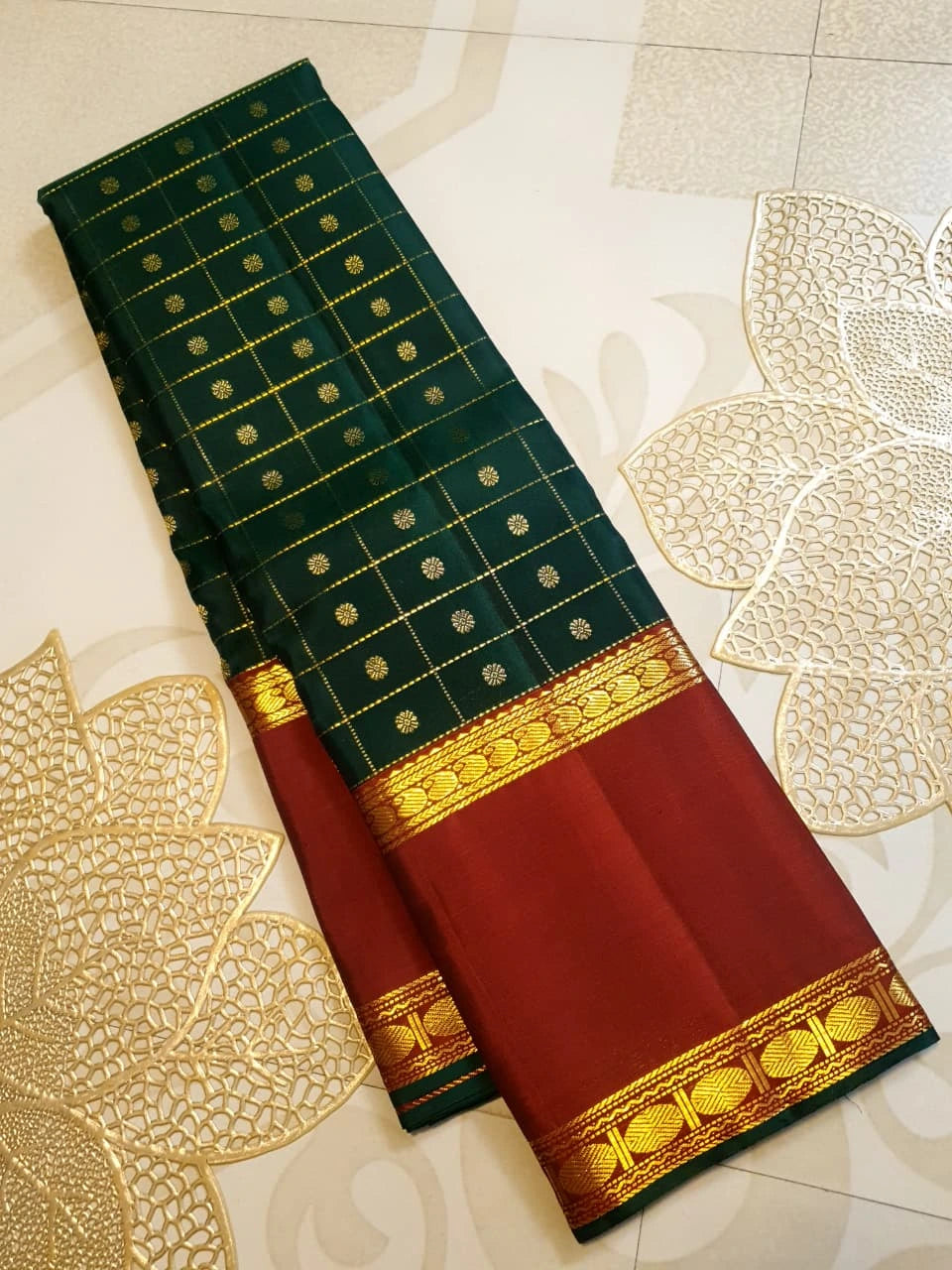 2G Pure Korvai  Kanjivaram Silk Saree in Deep Bottle Green with Maroon Contrast Border, Gold Zari Checks & Traditional Zari Motifs | Silkmark Certified