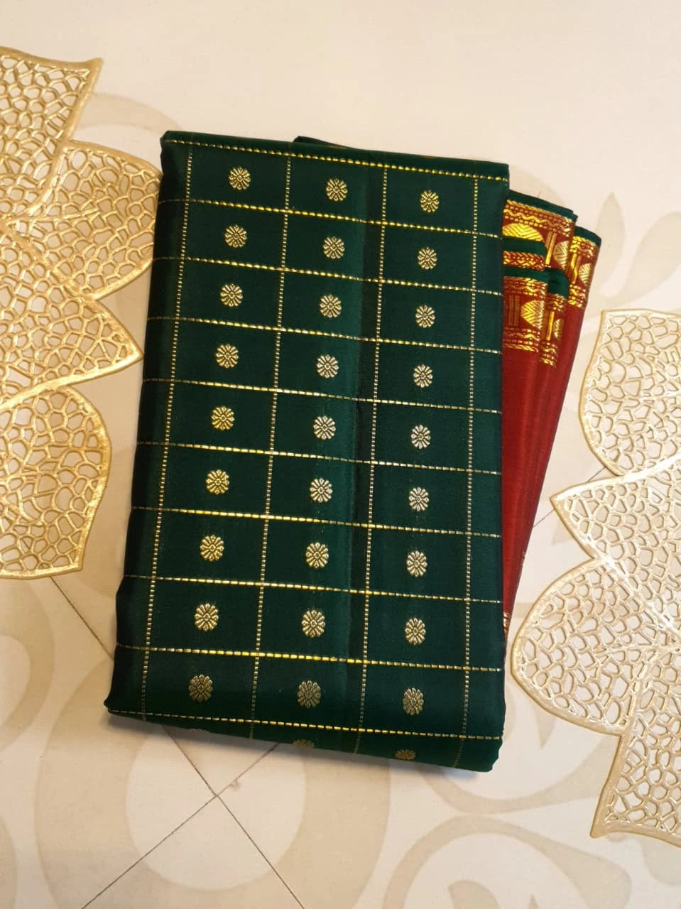 2G Pure Korvai  Kanjivaram Silk Saree in Deep Bottle Green with Maroon Contrast Border, Gold Zari Checks & Traditional Zari Motifs | Silkmark Certified