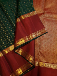 2G Pure Korvai  Kanjivaram Silk Saree in Deep Bottle Green with Maroon Contrast Border, Gold Zari Checks & Traditional Zari Motifs | Silkmark Certified