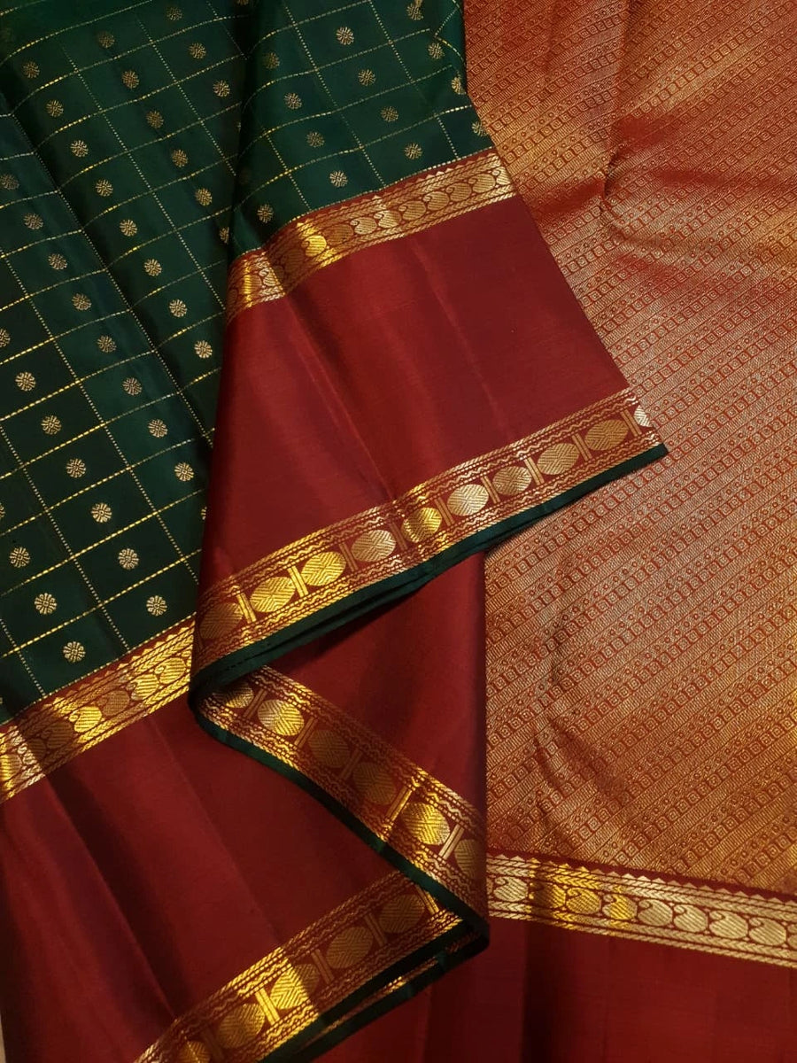 2G Pure Korvai  Kanjivaram Silk Saree in Deep Bottle Green with Maroon Contrast Border, Gold Zari Checks & Traditional Zari Motifs | Silkmark Certified