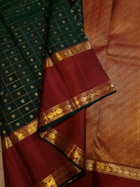 2G Pure Korvai  Kanjivaram Silk Saree in Deep Bottle Green with Maroon Contrast Border, Gold Zari Checks & Traditional Zari Motifs | Silkmark Certified