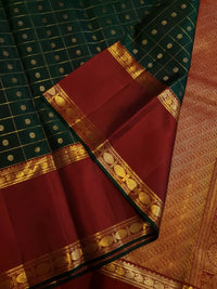 2G Pure Korvai  Kanjivaram Silk Saree in Deep Bottle Green with Maroon Contrast Border, Gold Zari Checks & Traditional Zari Motifs | Silkmark Certified