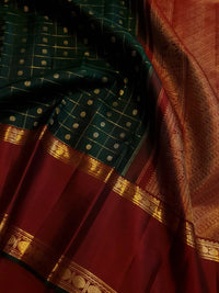 2G Pure Korvai  Kanjivaram Silk Saree in Deep Bottle Green with Maroon Contrast Border, Gold Zari Checks & Traditional Zari Motifs | Silkmark Certified