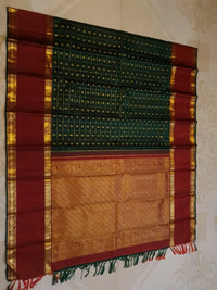 2G Pure Korvai  Kanjivaram Silk Saree in Deep Bottle Green with Maroon Contrast Border, Gold Zari Checks & Traditional Zari Motifs | Silkmark Certified