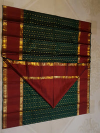 2G Pure Korvai  Kanjivaram Silk Saree in Deep Bottle Green with Maroon Contrast Border, Gold Zari Checks & Traditional Zari Motifs | Silkmark Certified