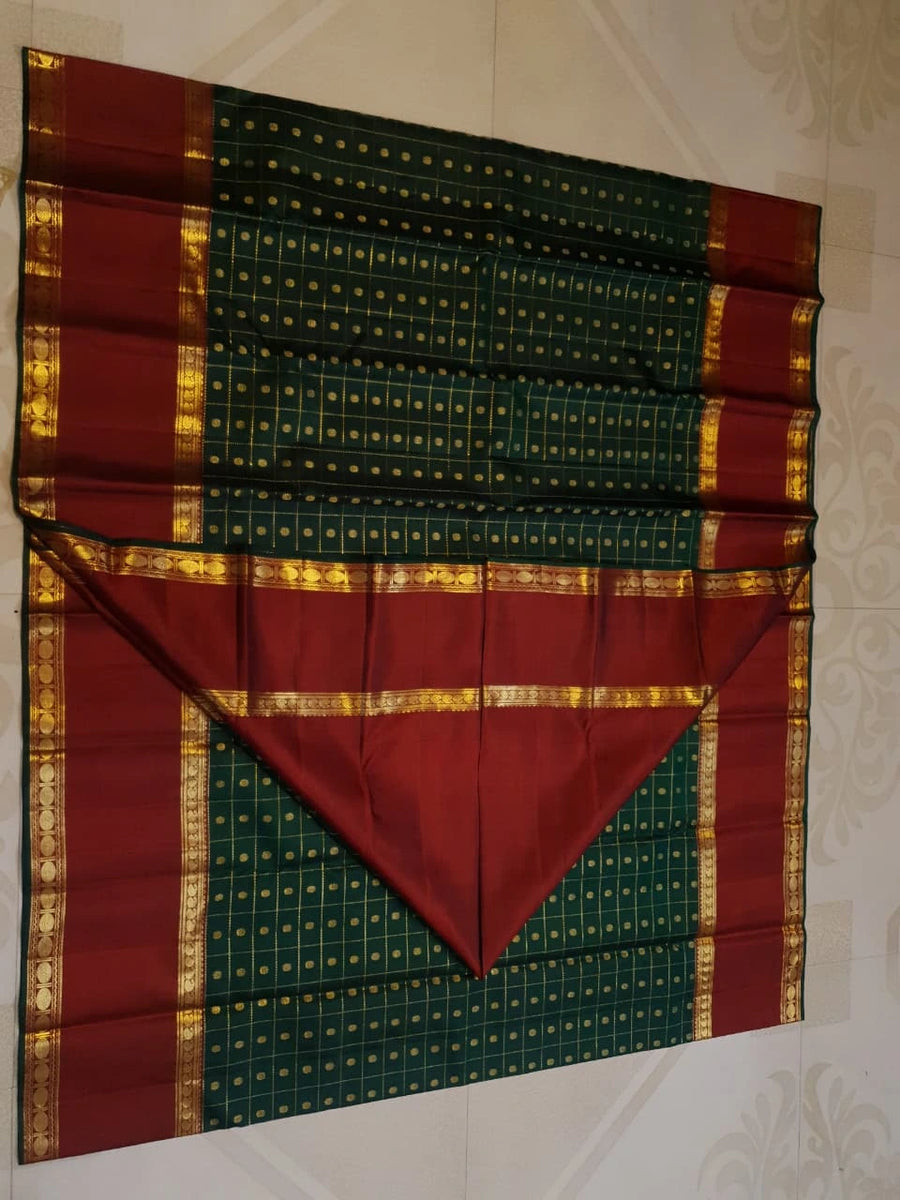 2G Pure Korvai  Kanjivaram Silk Saree in Deep Bottle Green with Maroon Contrast Border, Gold Zari Checks & Traditional Zari Motifs | Silkmark Certified