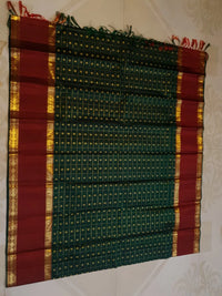 2G Pure Korvai  Kanjivaram Silk Saree in Deep Bottle Green with Maroon Contrast Border, Gold Zari Checks & Traditional Zari Motifs | Silkmark Certified