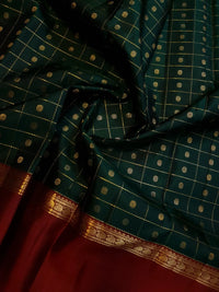 2G Pure Korvai  Kanjivaram Silk Saree in Deep Bottle Green with Maroon Contrast Border, Gold Zari Checks & Traditional Zari Motifs | Silkmark Certified