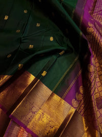2G Pure Korvai Kanjivaram Silk Saree in Deep Bottle Green with Antique Gold Zari Peacock Border | Silkmark Certified