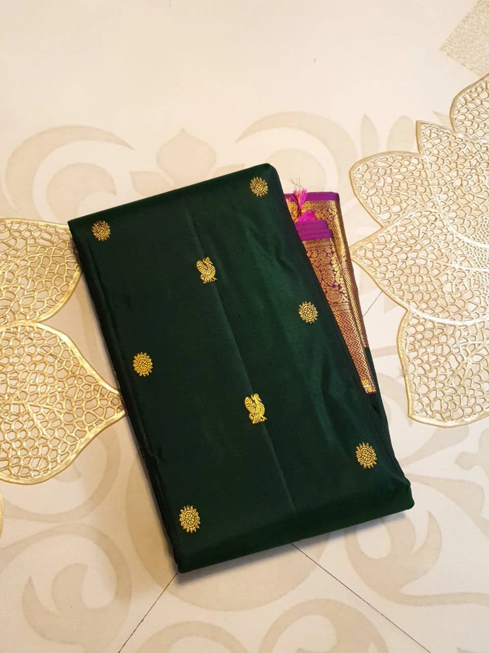 2G Pure Korvai Kanjivaram Silk Saree in Deep Bottle Green with Antique Gold Zari Peacock Border | Silkmark Certified