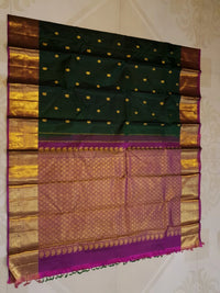 2G Pure Korvai Kanjivaram Silk Saree in Deep Bottle Green with Antique Gold Zari Peacock Border | Silkmark Certified