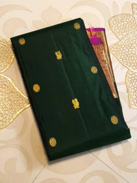 2G Pure Korvai Kanjivaram Silk Saree in Deep Bottle Green with Antique Gold Zari Peacock Border | Silkmark Certified