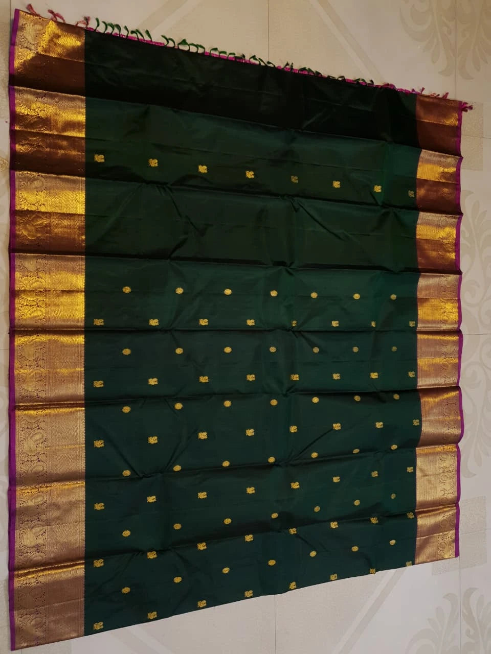 2G Pure Korvai Kanjivaram Silk Saree in Deep Bottle Green with Antique Gold Zari Peacock Border | Silkmark Certified