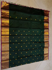 2G Pure Korvai Kanjivaram Silk Saree in Deep Bottle Green with Antique Gold Zari Peacock Border | Silkmark Certified
