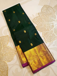 2G Pure Korvai Kanjivaram Silk Saree in Deep Bottle Green with Antique Gold Zari Peacock Border | Silkmark Certified