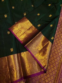 2G Pure Korvai Kanjivaram Silk Saree in Deep Bottle Green with Antique Gold Zari Peacock Border | Silkmark Certified
