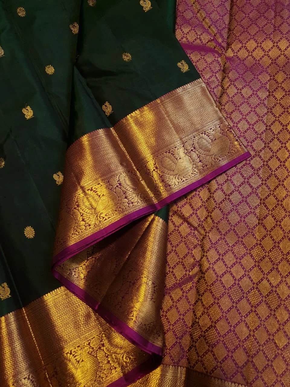 2G Pure Korvai Kanjivaram Silk Saree in Deep Bottle Green with Antique Gold Zari Peacock Border | Silkmark Certified