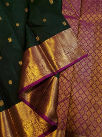 2G Pure Korvai Kanjivaram Silk Saree in Deep Bottle Green with Antique Gold Zari Peacock Border | Silkmark Certified