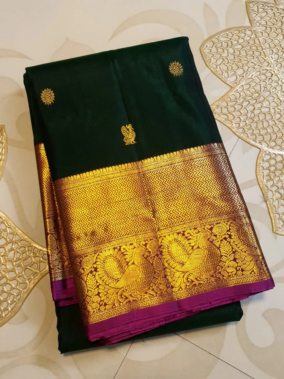 2G Pure Korvai Kanjivaram Silk Saree in Deep Bottle Green with Antique Gold Zari Peacock Border | Silkmark Certified