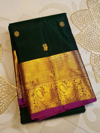 2G Pure Korvai Kanjivaram Silk Saree in Deep Bottle Green with Antique Gold Zari Peacock Border | Silkmark Certified