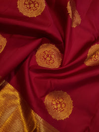 2G Pure Kanjivaram Silk Saree in Deep Red with Rich Gold Zari Circular Floral Butta & Broad Geometric Zari Border | Silkmark Certified