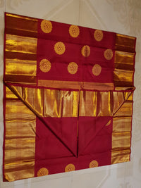 2G Pure Kanjivaram Silk Saree in Deep Red with Rich Gold Zari Circular Floral Butta & Broad Geometric Zari Border | Silkmark Certified