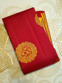 2G Pure Kanjivaram Silk Saree in Deep Red with Rich Gold Zari Circular Floral Butta & Broad Geometric Zari Border | Silkmark Certified