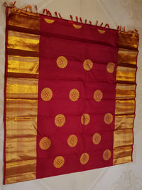 2G Pure Kanjivaram Silk Saree in Deep Red with Rich Gold Zari Circular Floral Butta & Broad Geometric Zari Border | Silkmark Certified