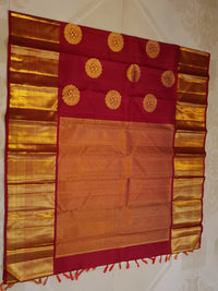2G Pure Kanjivaram Silk Saree in Deep Red with Rich Gold Zari Circular Floral Butta & Broad Geometric Zari Border | Silkmark Certified