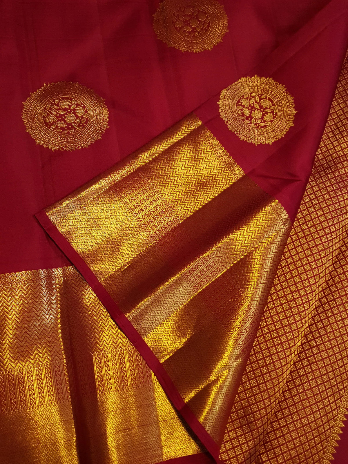 2G Pure Kanjivaram Silk Saree in Deep Red with Rich Gold Zari Circular Floral Butta & Broad Geometric Zari Border | Silkmark Certified