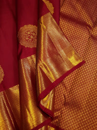2G Pure Kanjivaram Silk Saree in Deep Red with Rich Gold Zari Circular Floral Butta & Broad Geometric Zari Border | Silkmark Certified