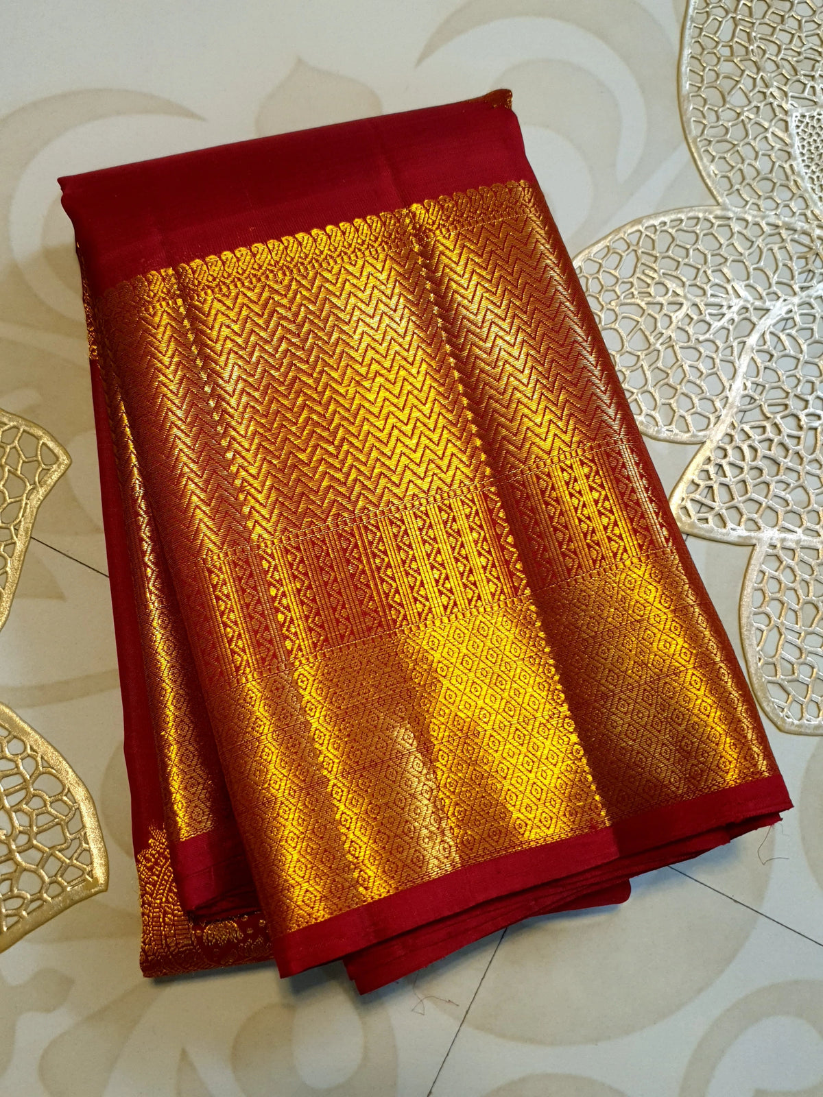 2G Pure Kanjivaram Silk Saree in Deep Red with Rich Gold Zari Circular Floral Butta & Broad Geometric Zari Border | Silkmark Certified