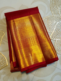 2G Pure Kanjivaram Silk Saree in Deep Red with Rich Gold Zari Circular Floral Butta & Broad Geometric Zari Border | Silkmark Certified