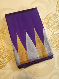 2G Deep Purple Kanjivaram Silk Saree with Gold and Silver Triangle Zari Border | Silkmark Certified