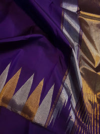 2G Deep Purple Kanjivaram Silk Saree with Gold and Silver Triangle Zari Border | Silkmark Certified