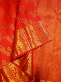 2G Pure  Kanjivaram Silk Saree in Bright Red with Rich Gold Zari Floral Butta & Traditional Pallu | Silkmark Certified