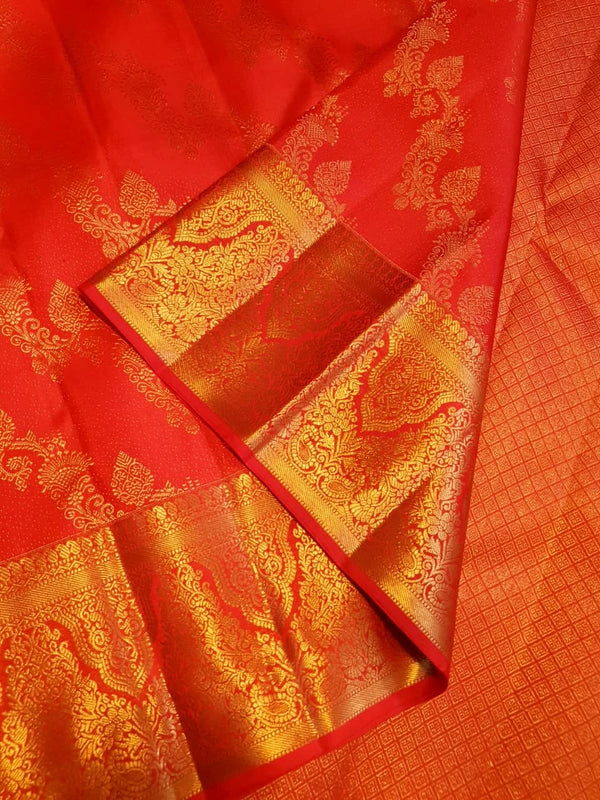 2G Pure Zari Kanjivaram Silk Saree in Bright Red with Rich Gold Zari Floral Butta & Traditional Pallu | Silkmark Certified