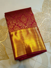 2G Pure Zari Kanjivaram Silk Saree in Deep Maroon with Rich Gold Zari Brocade Body & Lord Murugan Pallu | Silkmark Certified