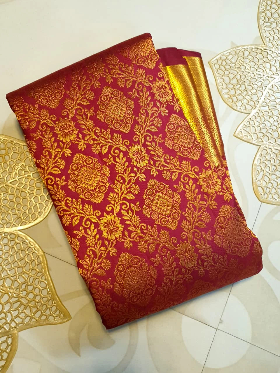 2G Pure Zari Kanjivaram Silk Saree in Deep Maroon with Rich Gold Zari Brocade Body & Lord Murugan Pallu | Silkmark Certified