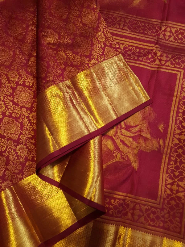 2G Pure Zari Kanjivaram Silk Saree in Deep Maroon with Rich Gold Zari Brocade Body & Lord Murugan Pallu | Silkmark Certified